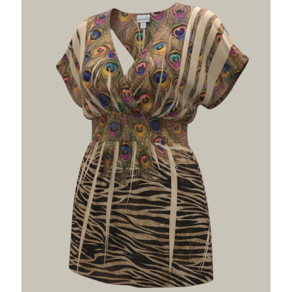 VTG Caren Sport Women Dress Tunic 2X Brown Peacock Feather Animal Print V-Neck